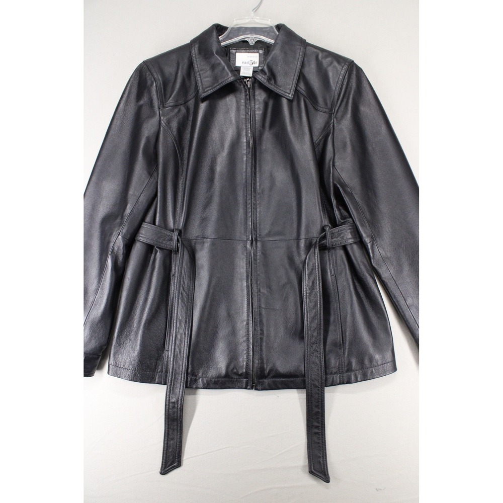 East 5th Leather Jacket Womens XL Black Belted Zip Up Classic Chic